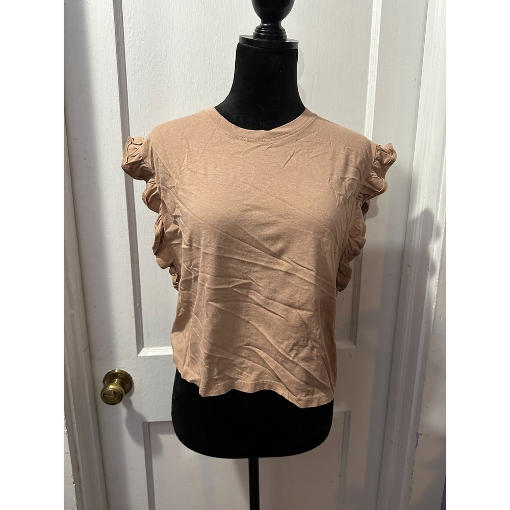 Bershka Beige Ruffled Sleeve Short Sleeve Top in L